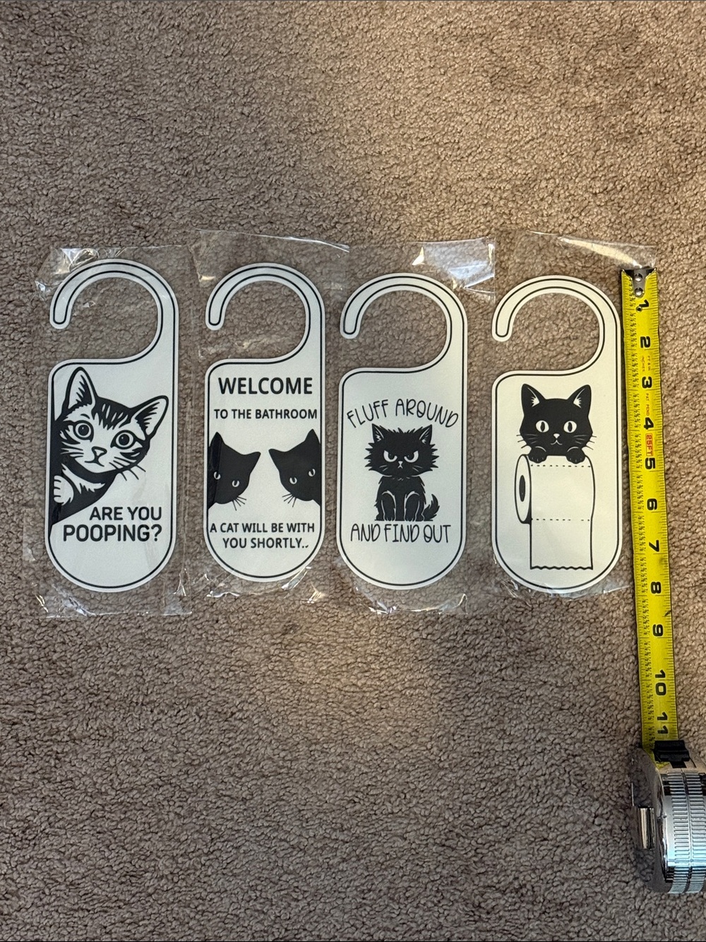Cute Black & White Cat Bathroom Door Hangers - Set of 4